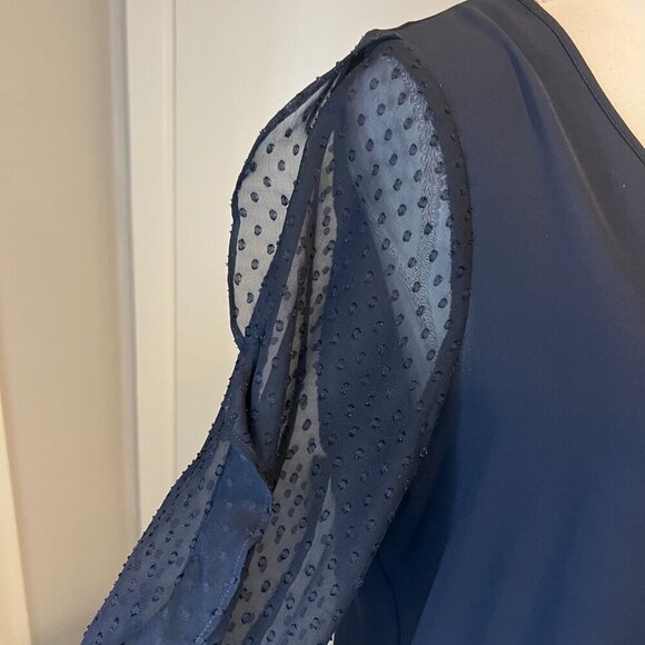 Express Navy Sheer Ruffled Polka Dot Sleeve Blouse, Size Medium - Picture 7 of 16